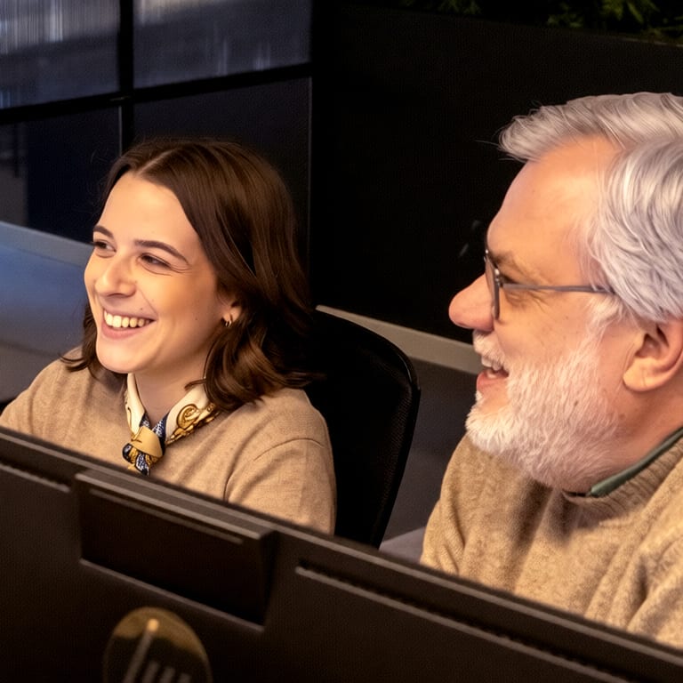 Dois colaboradores em fases diferentes da carreira, um mais novo e outro mais velho, a rir juntos num posto de trabalho.