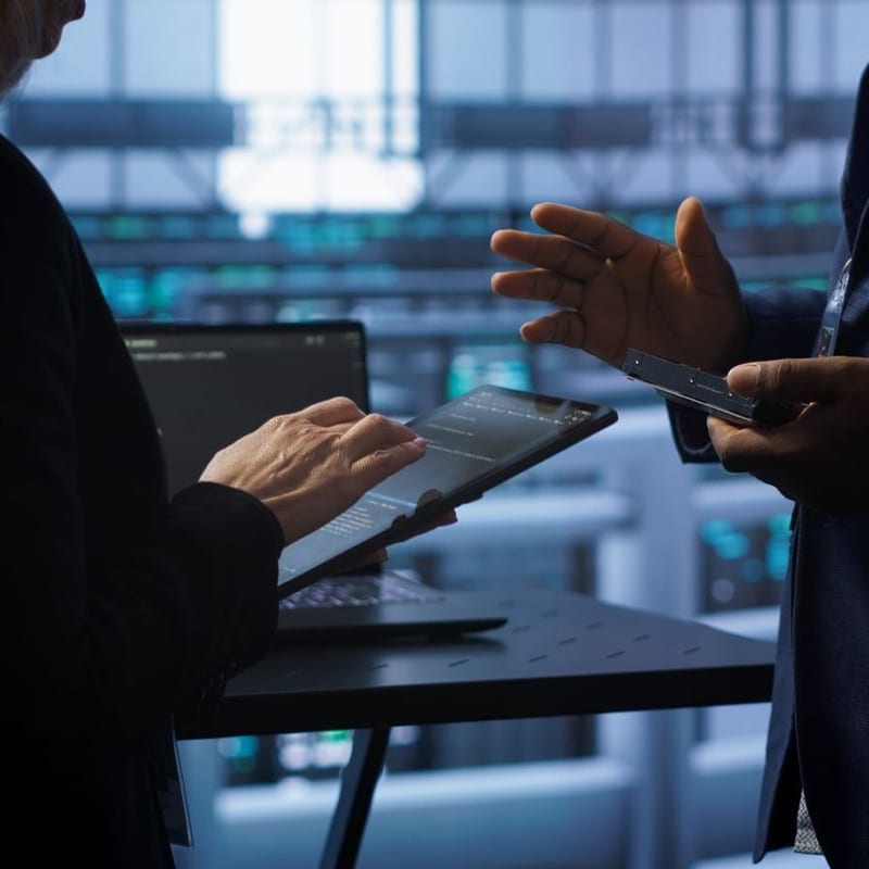 Dois colegas a conferenciar sobre um tablet num centro de dados, com bastidores de servidores iluminados ao fundo.