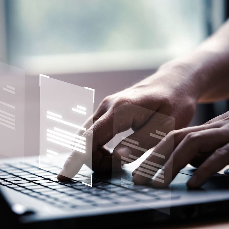 Mãos a escrever num portátil, com painéis de documentos desenhados sobre o teclado.