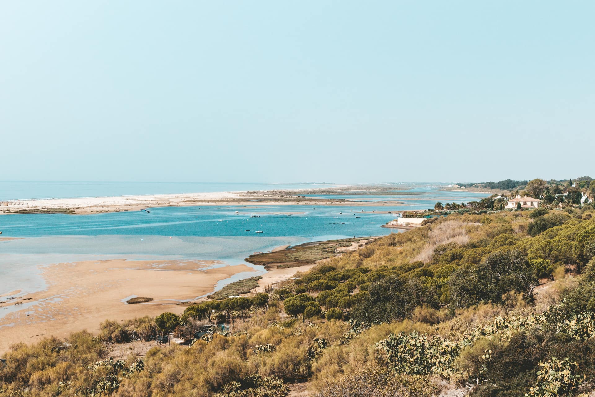 A costa algarvia: bancos de areia e as águas da ria sob uma falésia baixa.